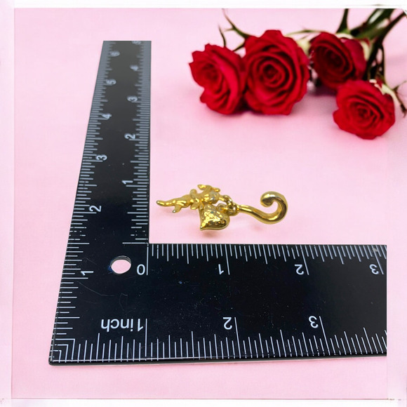 Vintage 1980s Gold Tone Cherub Heart Pierced Dangle Earrings Valentine Romantic - Picture 4 of 5